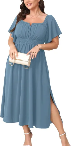Women Plus Size Dress Wedding Guest Formal Ruffle Short Sleeve Square Neck Smocked Flowy A Line Slit Maxi Dresses