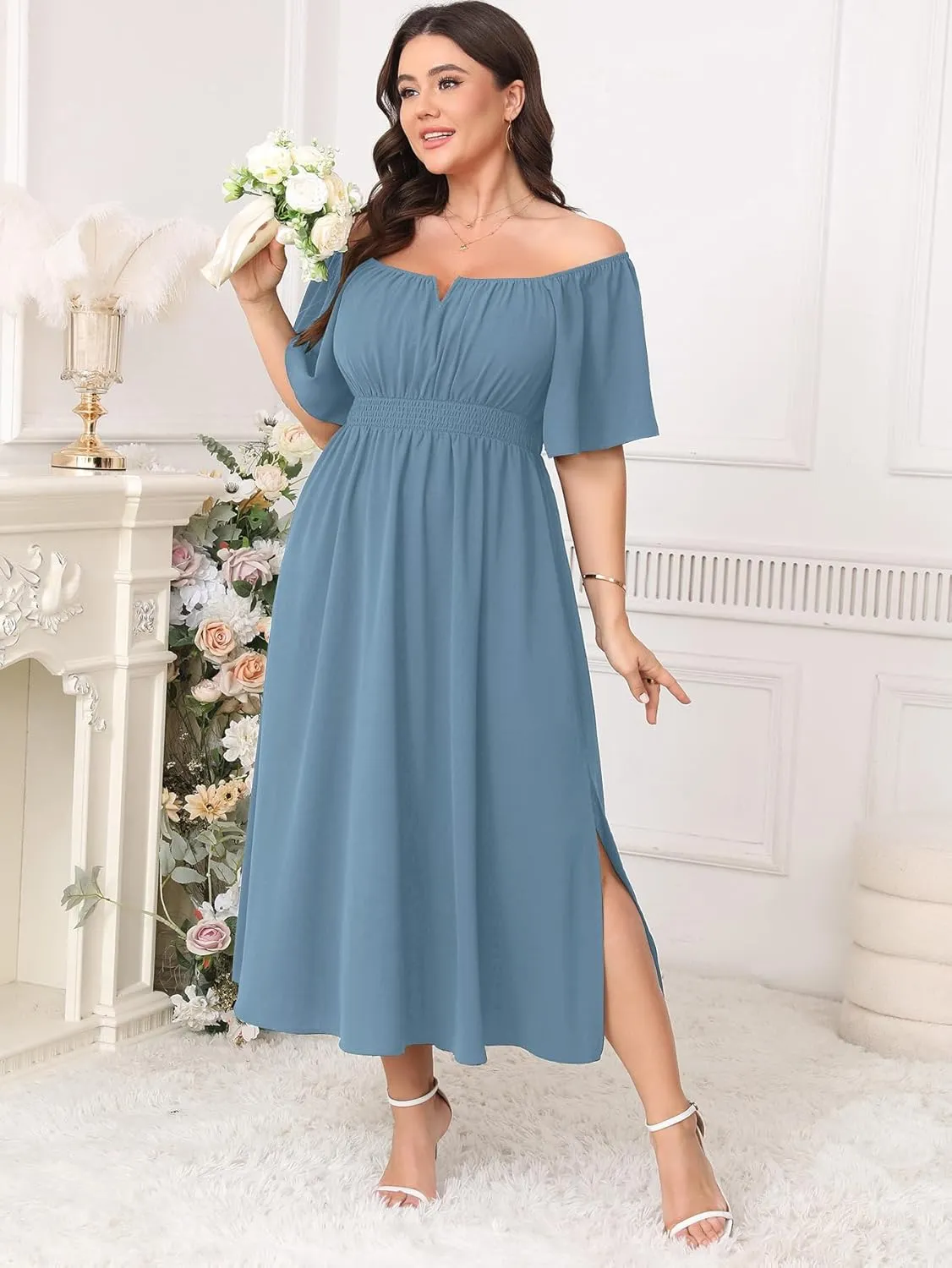 Women Plus Size Dress Wedding Guest Formal Ruffle Short Sleeve Square Neck Smocked Flowy A Line Slit Maxi Dresses