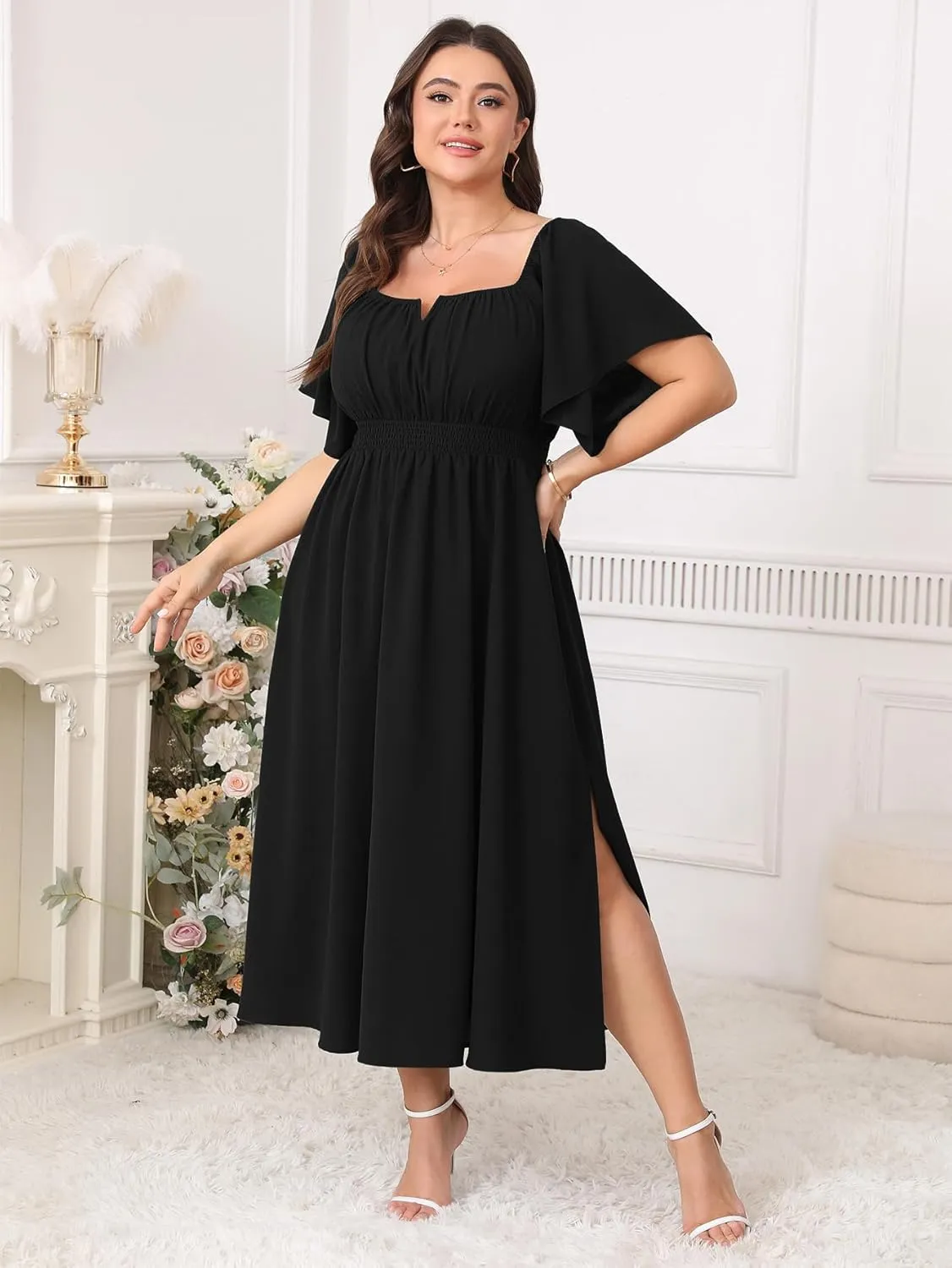 Women Plus Size Dress Wedding Guest Formal Ruffle Short Sleeve Square Neck Smocked Flowy A Line Slit Maxi Dresses