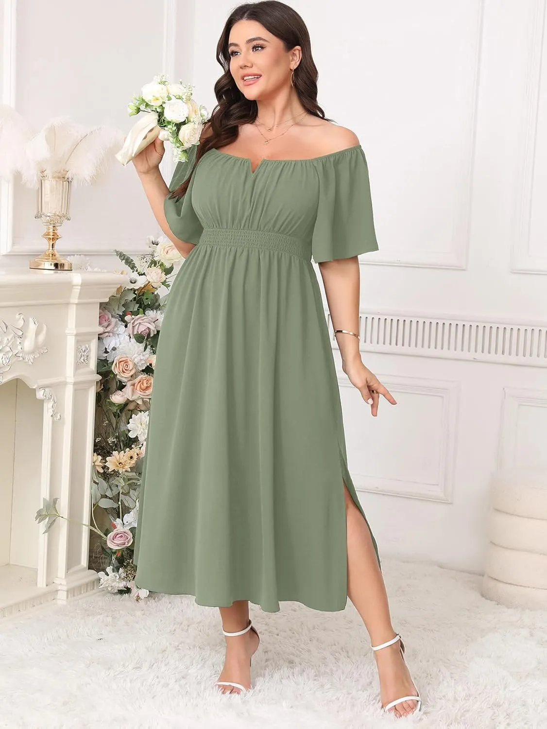 Women Plus Size Dress Wedding Guest Formal Ruffle Short Sleeve Square Neck Smocked Flowy A Line Slit Maxi Dresses