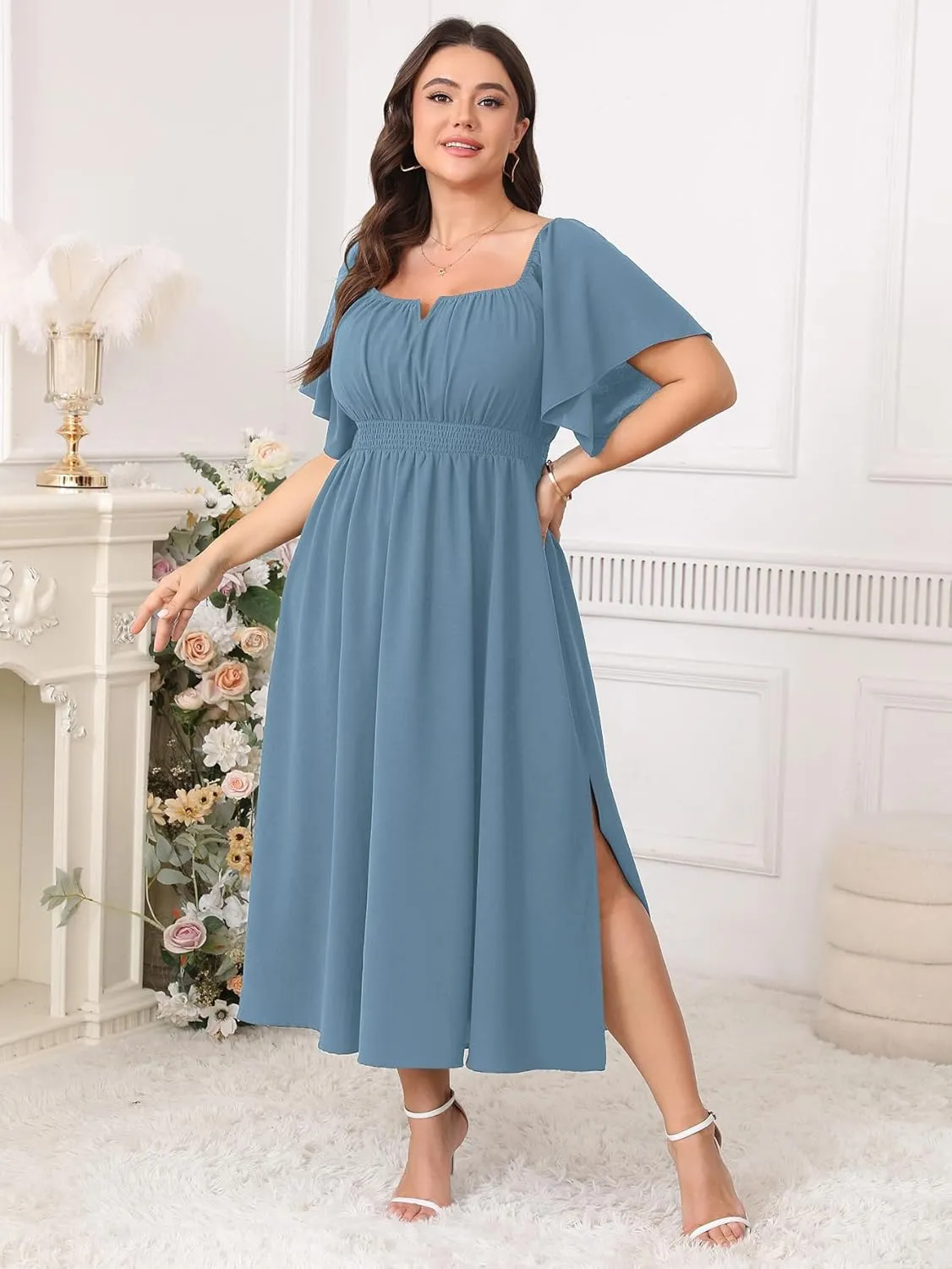 Women Plus Size Dress Wedding Guest Formal Ruffle Short Sleeve Square Neck Smocked Flowy A Line Slit Maxi Dresses