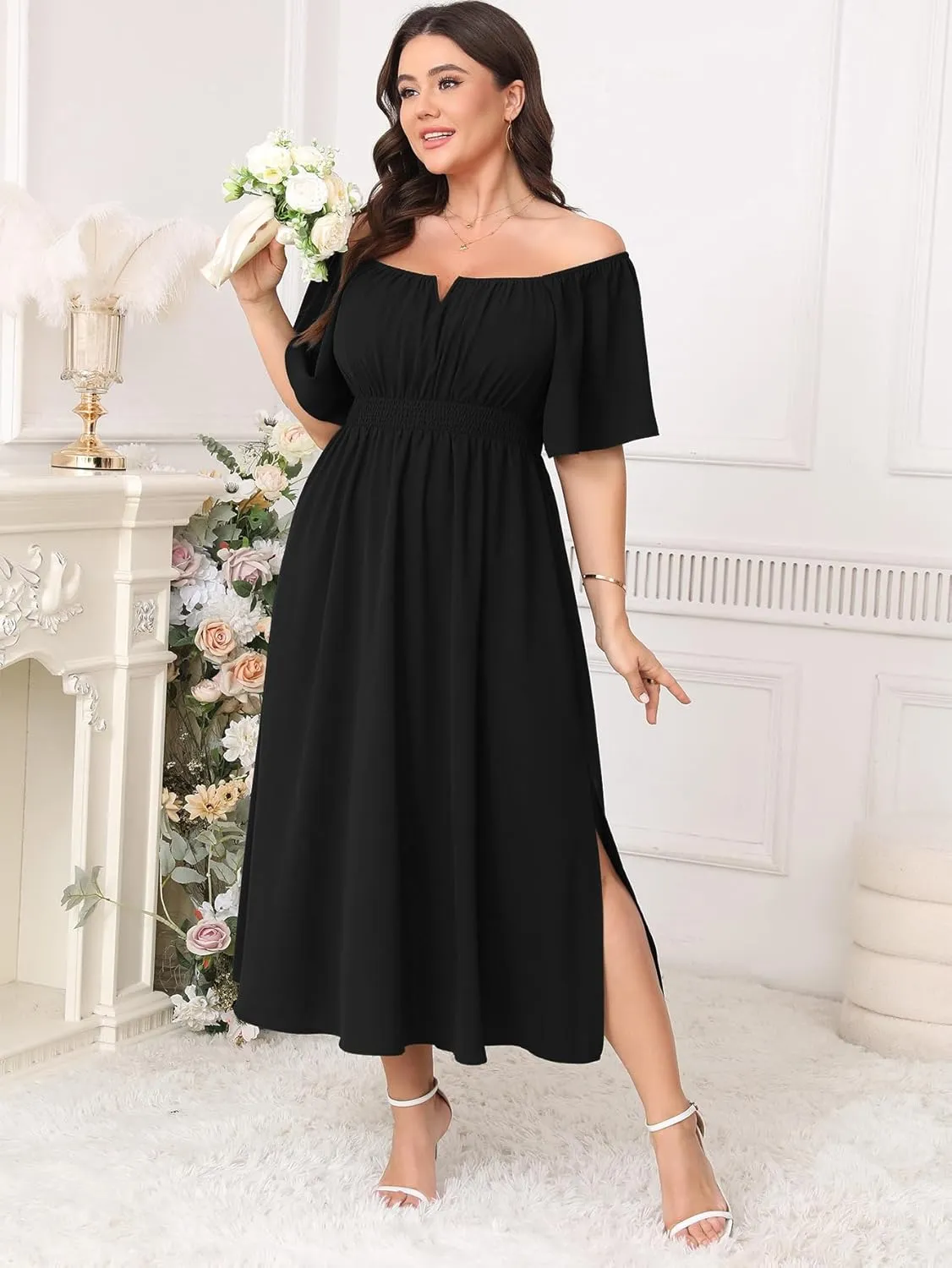 Women Plus Size Dress Wedding Guest Formal Ruffle Short Sleeve Square Neck Smocked Flowy A Line Slit Maxi Dresses