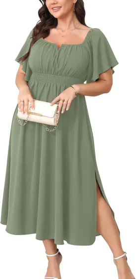 Women Plus Size Dress Wedding Guest Formal Ruffle Short Sleeve Square Neck Smocked Flowy A Line Slit Maxi Dresses