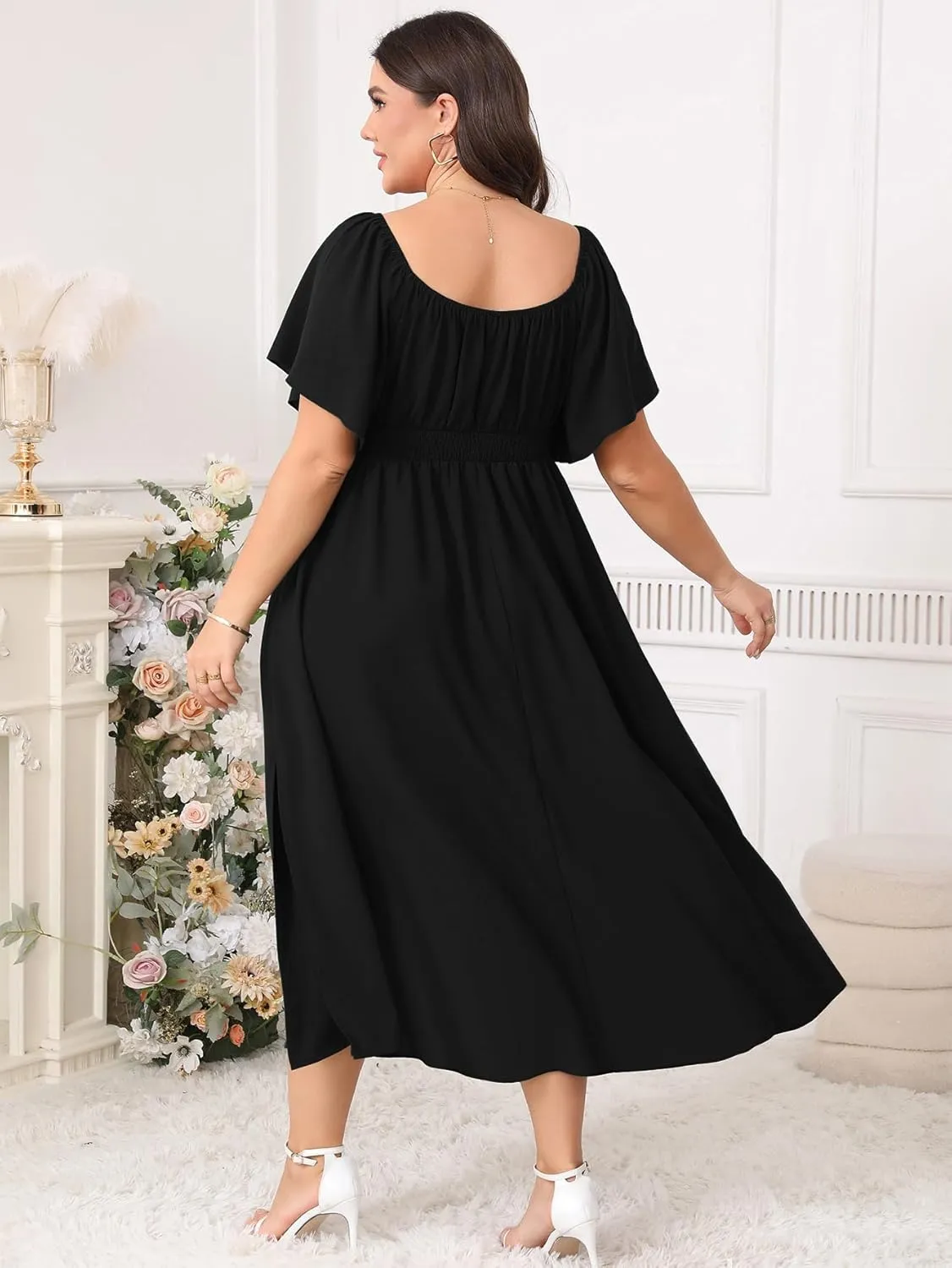 Women Plus Size Dress Wedding Guest Formal Ruffle Short Sleeve Square Neck Smocked Flowy A Line Slit Maxi Dresses