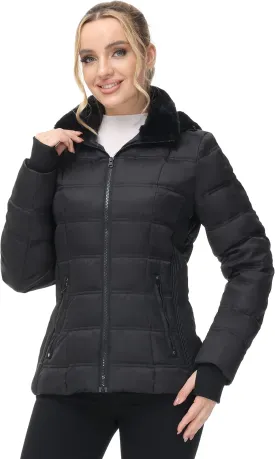 Women Warm Winter Down Puffer Jacket-Hooded Winter Puffer Coat for Women with Faux Fur Lined Hood and Collar