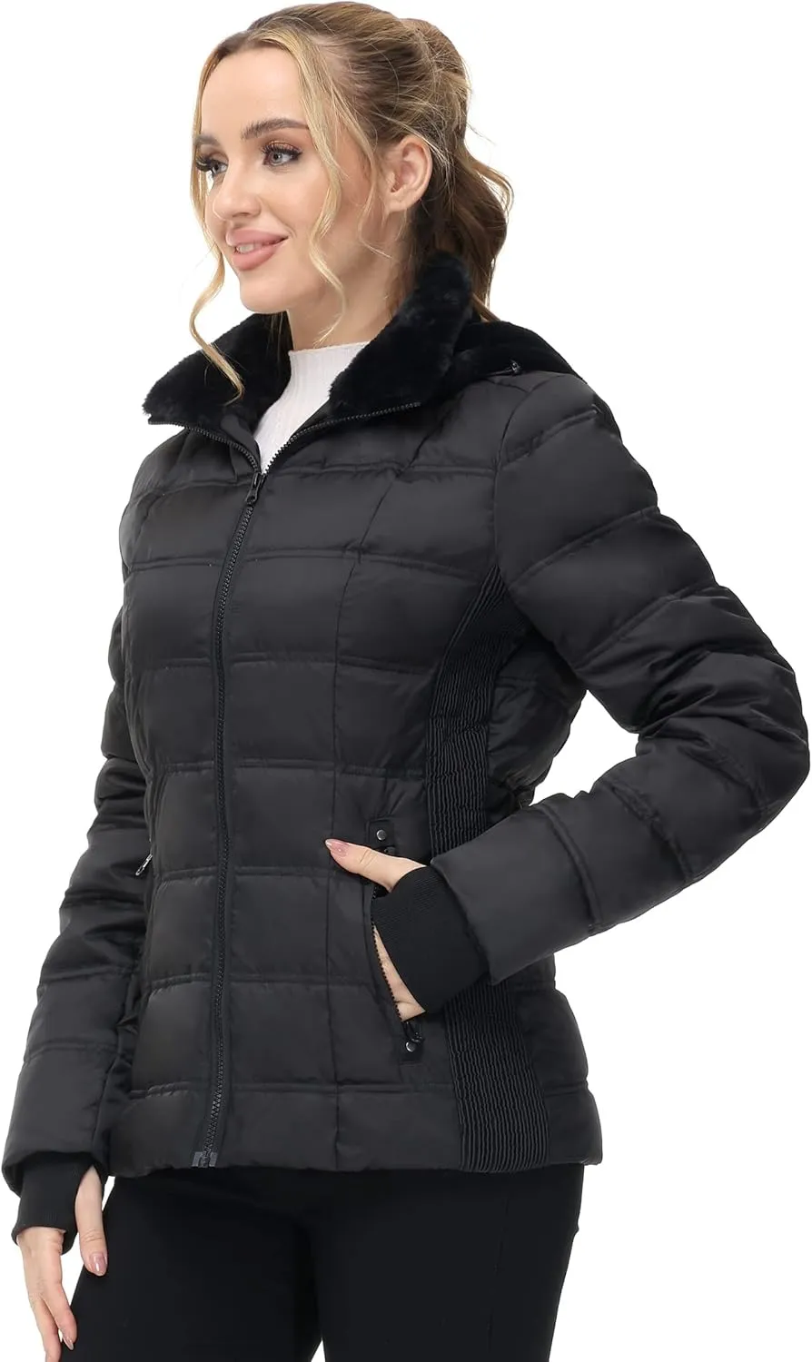 Women Warm Winter Down Puffer Jacket-Hooded Winter Puffer Coat for Women with Faux Fur Lined Hood and Collar