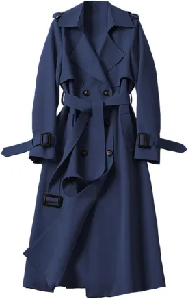 Womens Long Trench Coat Casual Slim Windbreaker Jacket Windproof Double Breasted Lapel Overcoat with Belt