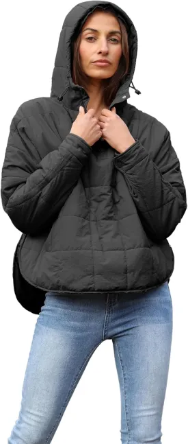 Women's Pullover Puffer Jacket Quilted Lightweight Dolman Sleeve Button Down Hooded Padded Coat with Pocket