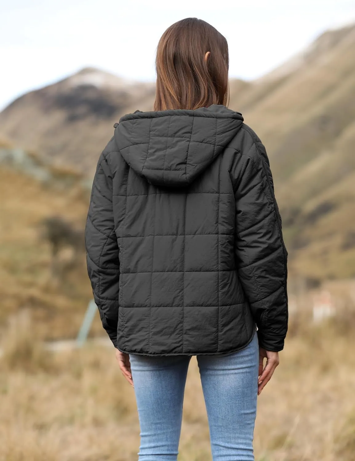Women's Pullover Puffer Jacket Quilted Lightweight Dolman Sleeve Button Down Hooded Padded Coat with Pocket