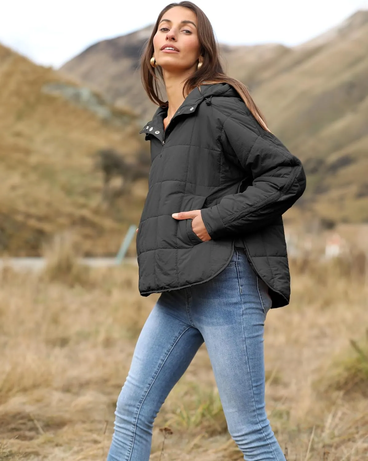 Women's Pullover Puffer Jacket Quilted Lightweight Dolman Sleeve Button Down Hooded Padded Coat with Pocket