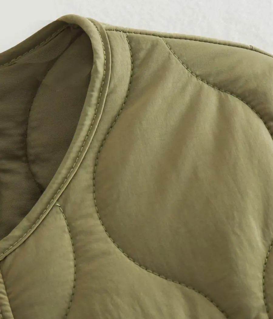 Women's Quilted Jacket Coat Crew Neck Button Down Lightweight Puffer Padded Winter Outwear with Pockets
