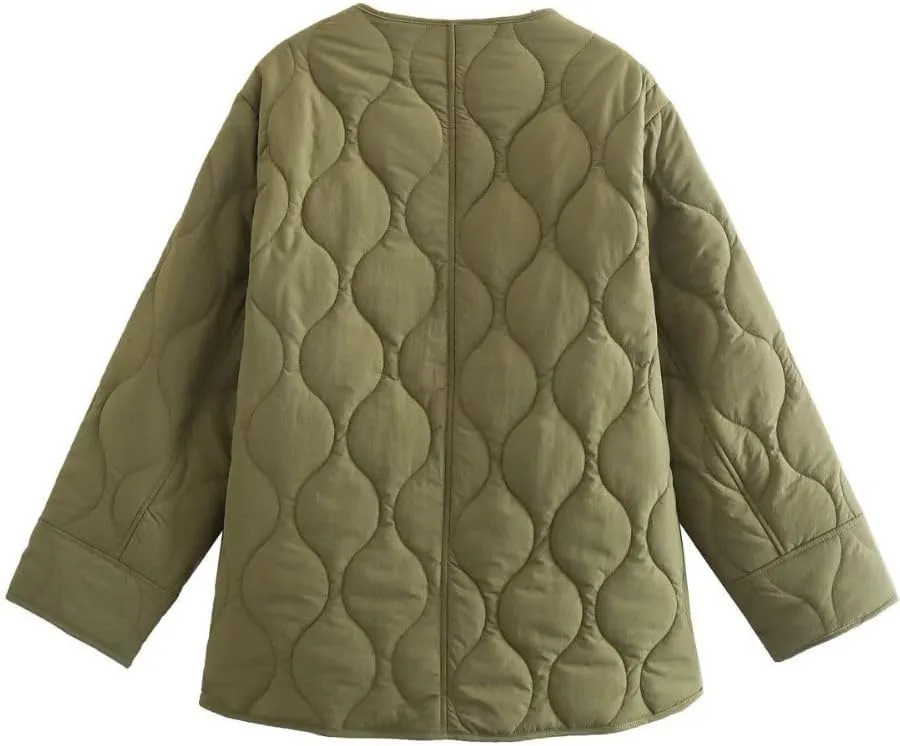 Women's Quilted Jacket Coat Crew Neck Button Down Lightweight Puffer Padded Winter Outwear with Pockets
