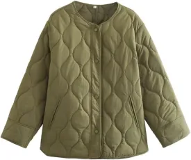 Women's Quilted Jacket Coat Crew Neck Button Down Lightweight Puffer Padded Winter Outwear with Pockets
