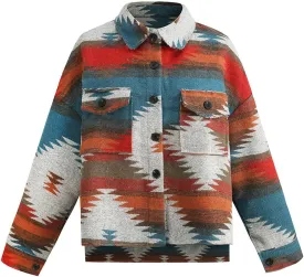 Women's Vintage Aztec Print Pattern Loose Shacket Button Down Long Sleeve Woolen Jacket Shirts Coat