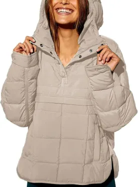 Womens's Lightweight Down Coat Long Sleeve Button Quilted Pullover Puffer Jacket Packable Hooded Winter Coat