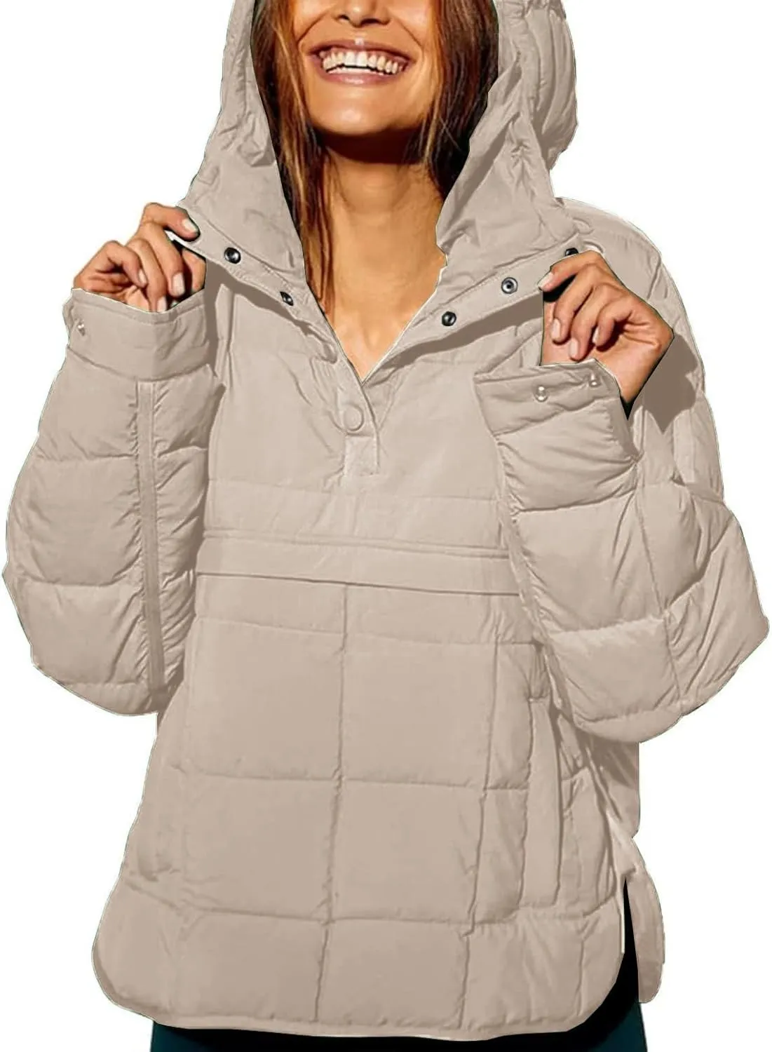 Womens's Lightweight Down Coat Long Sleeve Button Quilted Pullover Puffer Jacket Packable Hooded Winter Coat