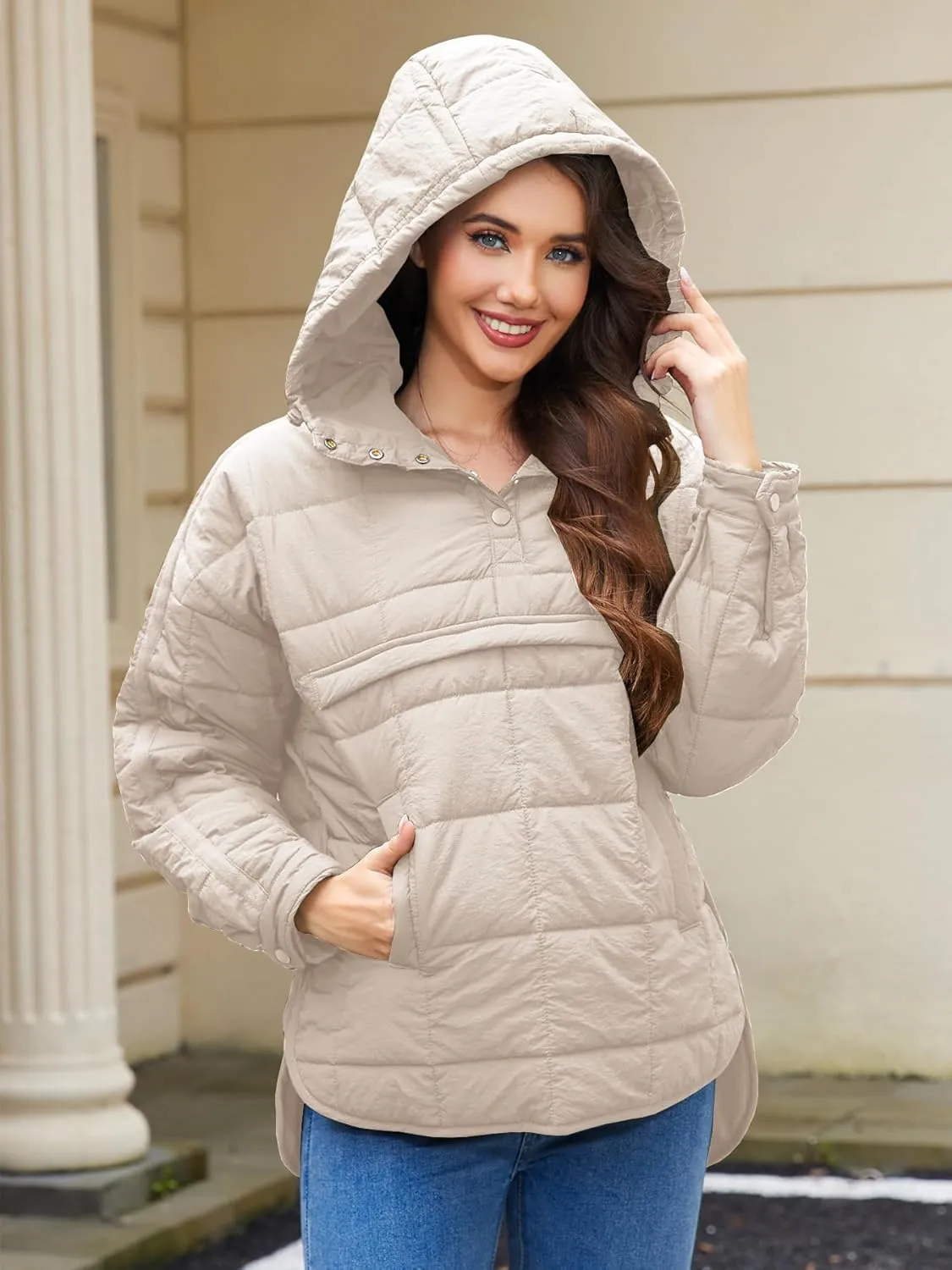Womens's Lightweight Down Coat Long Sleeve Button Quilted Pullover Puffer Jacket Packable Hooded Winter Coat