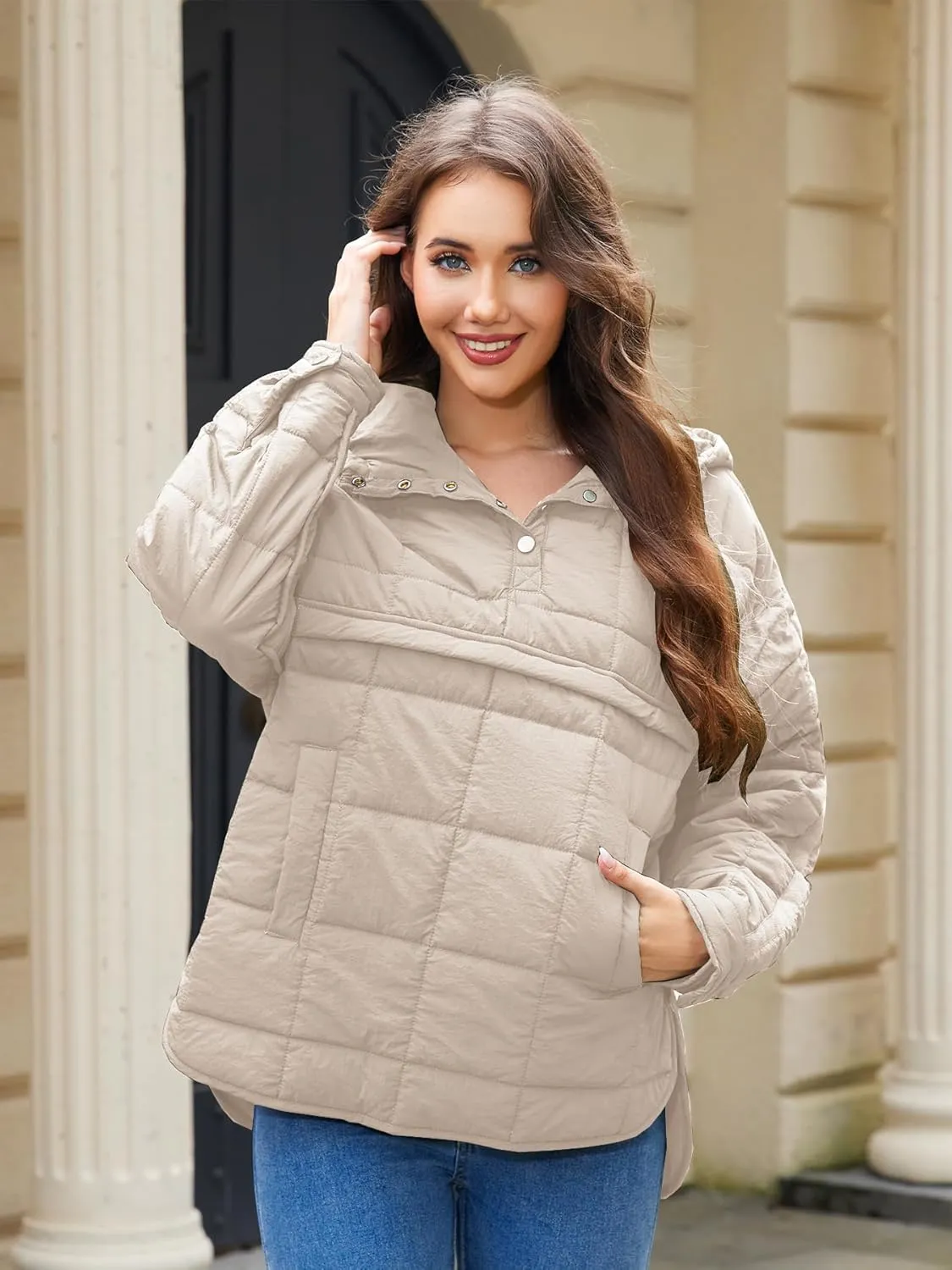 Womens's Lightweight Down Coat Long Sleeve Button Quilted Pullover Puffer Jacket Packable Hooded Winter Coat