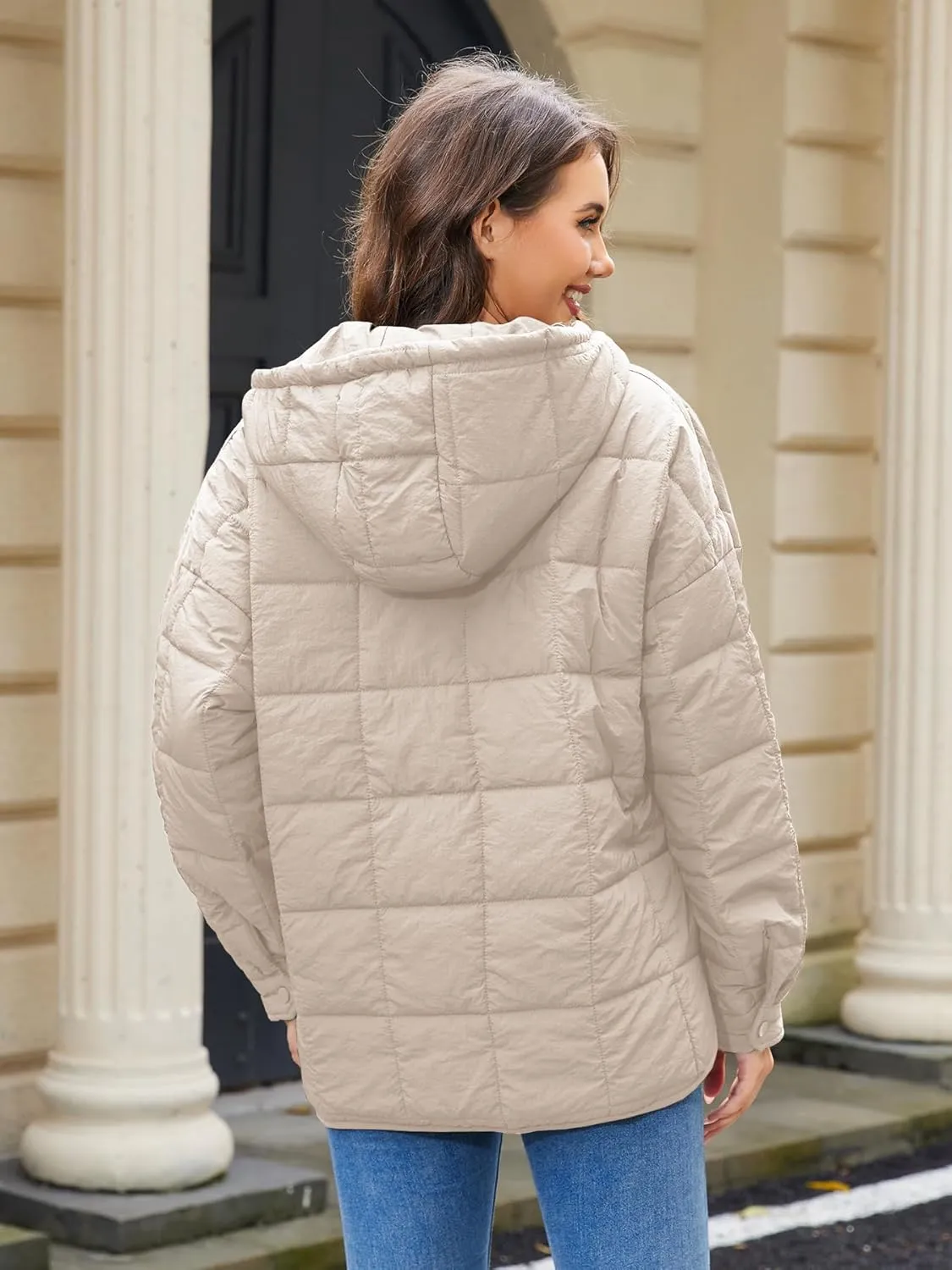 Womens's Lightweight Down Coat Long Sleeve Button Quilted Pullover Puffer Jacket Packable Hooded Winter Coat