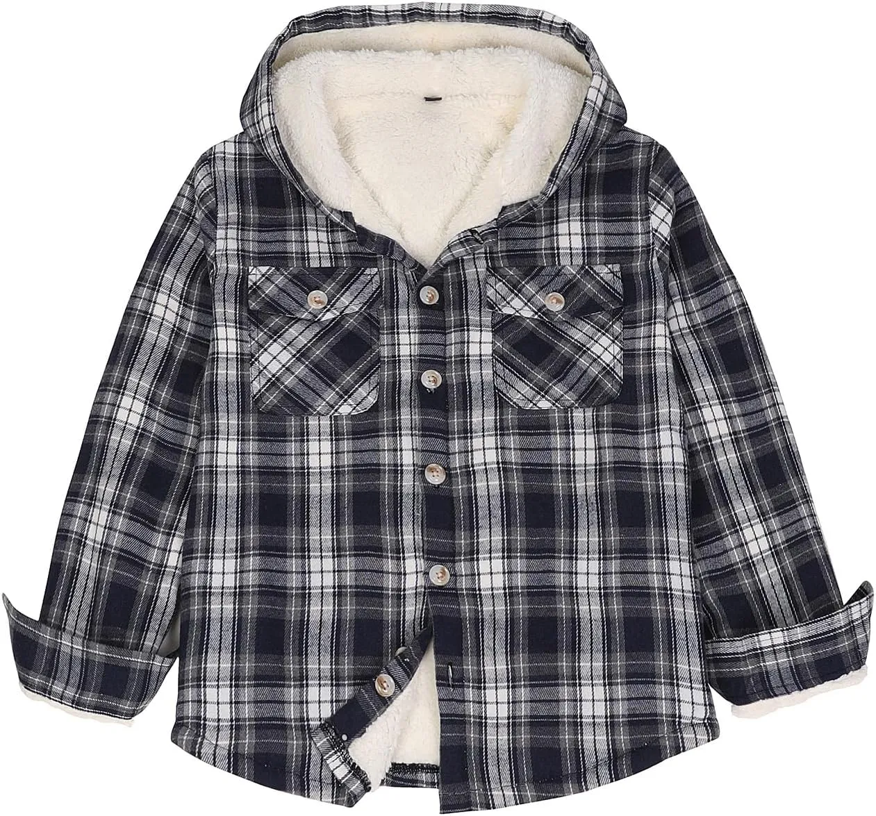 ZENTHACE Boys Sherpa Fleece Lined Flannel Plaid Button Down Shirt Jacket,Hooded Flannel Shirt with Hand Pockets