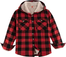 ZENTHACE Boys Sherpa Fleece Lined Flannel Plaid Button Down Shirt Jacket,Hooded Flannel Shirt with Hand Pockets