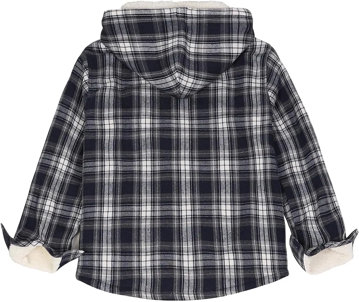 ZENTHACE Boys Sherpa Fleece Lined Flannel Plaid Button Down Shirt Jacket,Hooded Flannel Shirt with Hand Pockets