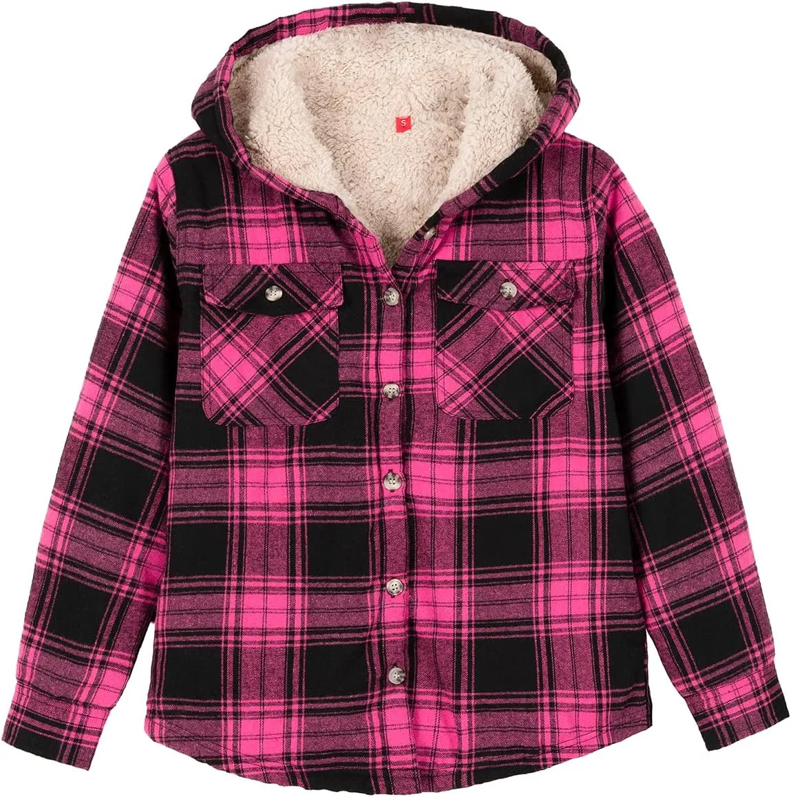ZENTHACE Girls Hooded Plaid Flannel Shirt Jacket with Hand Pockets,Sherpa Lined Button Down Flannel Shacket Jacket