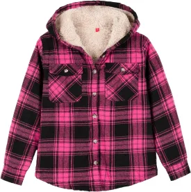 ZENTHACE Girls Hooded Plaid Flannel Shirt Jacket with Hand Pockets,Sherpa Lined Button Down Flannel Shacket Jacket