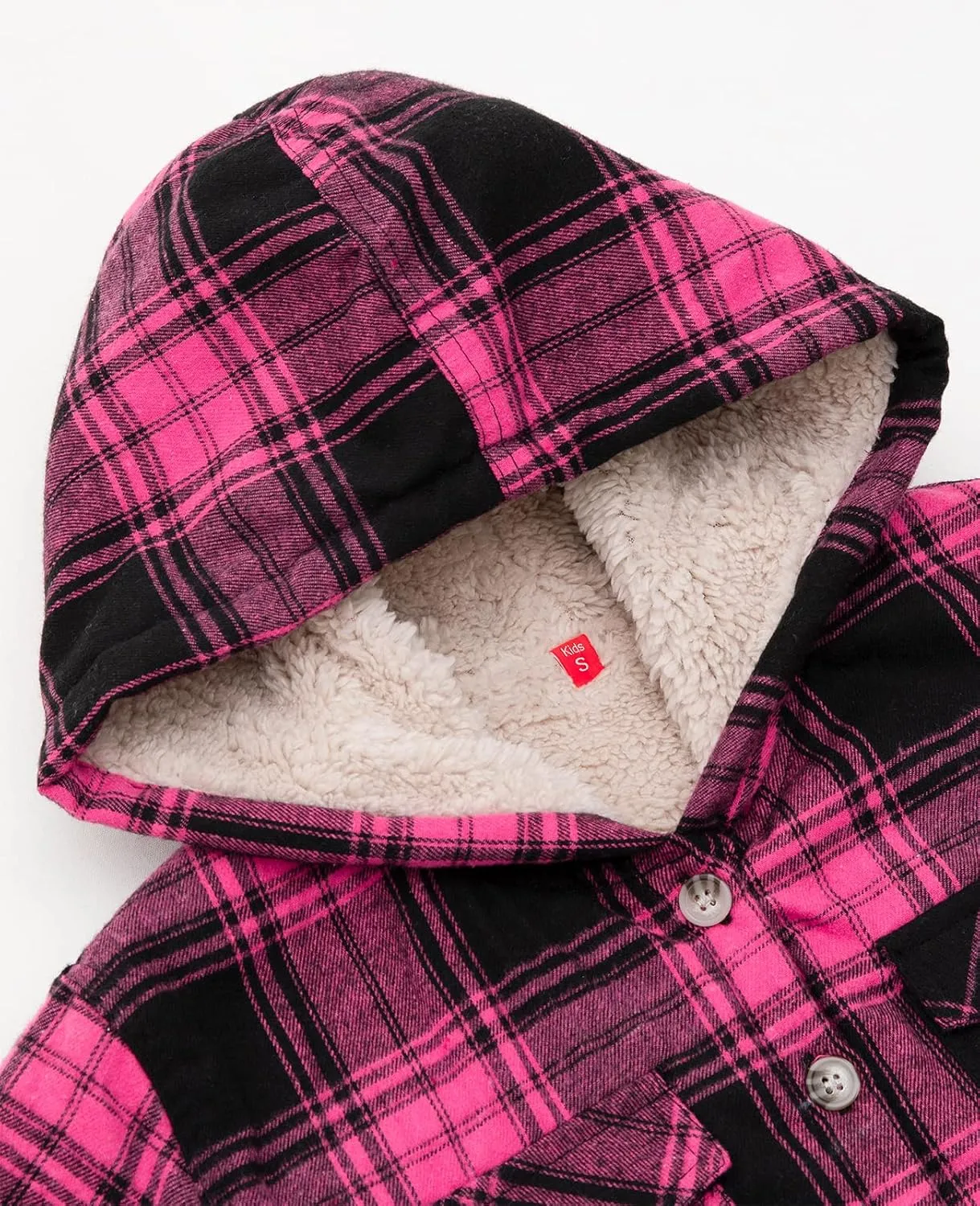 ZENTHACE Girls Hooded Plaid Flannel Shirt Jacket with Hand Pockets,Sherpa Lined Button Down Flannel Shacket Jacket