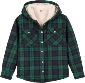 ZENTHACE Girls Hooded Plaid Flannel Shirt Jacket with Hand Pockets,Sherpa Lined Button Down Flannel Shacket Jacket